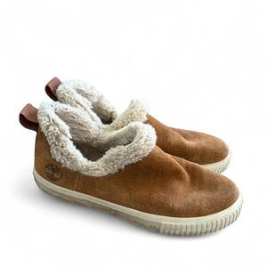 Timberland Tan Suede Slip-On Sneakers with Cream Sherpa Collar